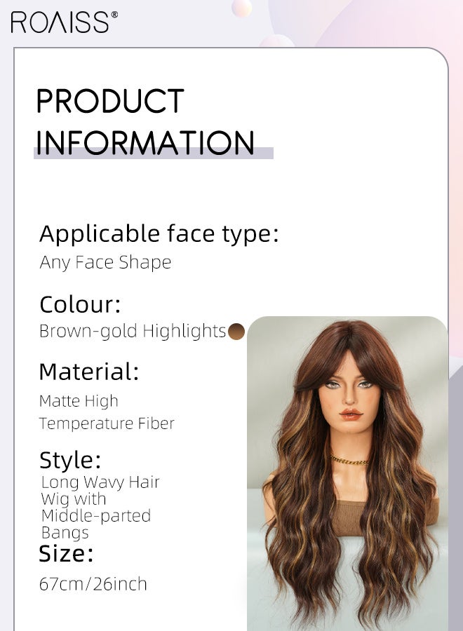roaiss Brown Wavy Hair Wig with Gold Highlights Wavy Hair Wig, Women's Middle Parting Natural Soft Synthetic Heat Resistant Hair Wig for Wedding Cosplay Party Daily Use, 67cm (26 inches) - Image 3